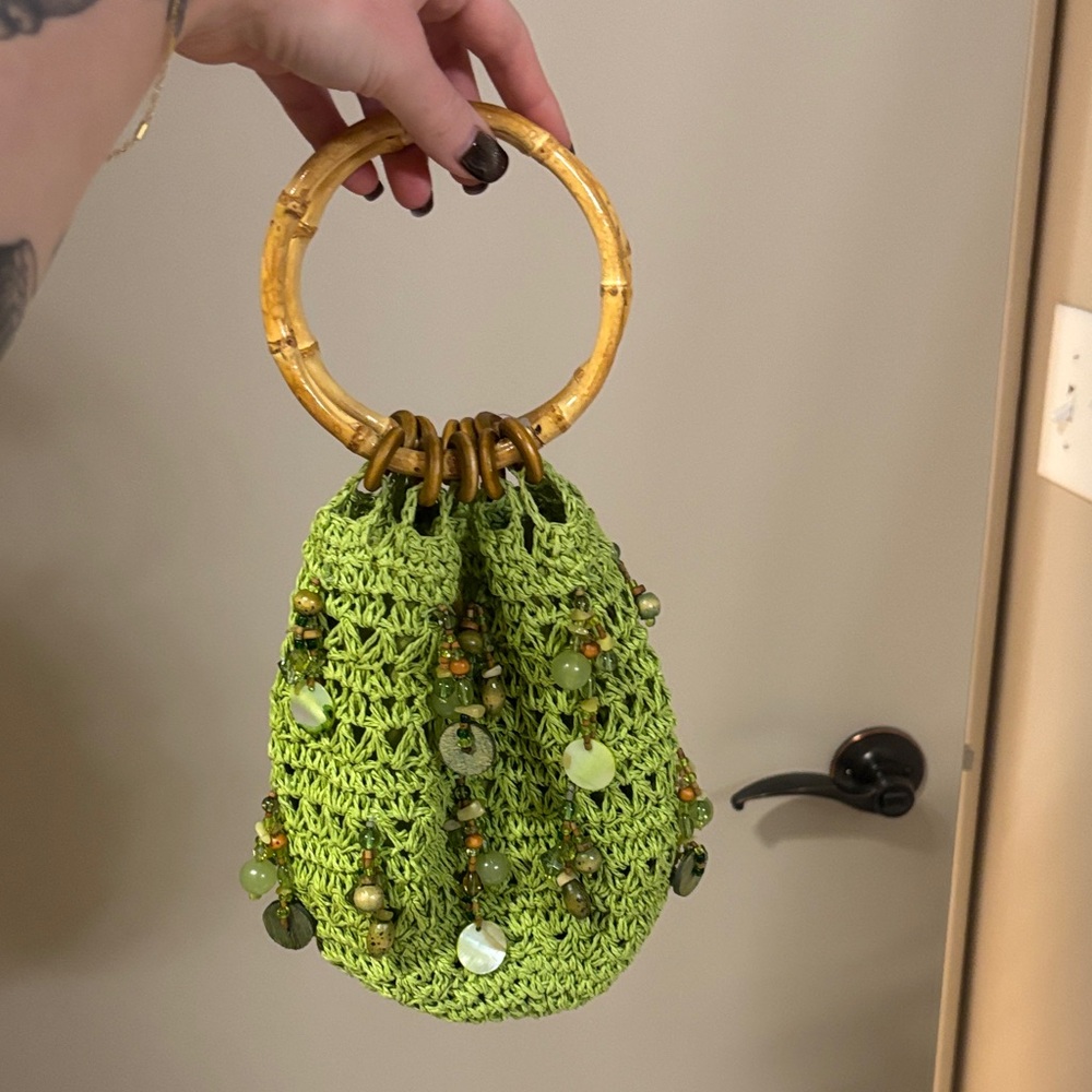 Green Crochet Handbag with Bamboo Handle